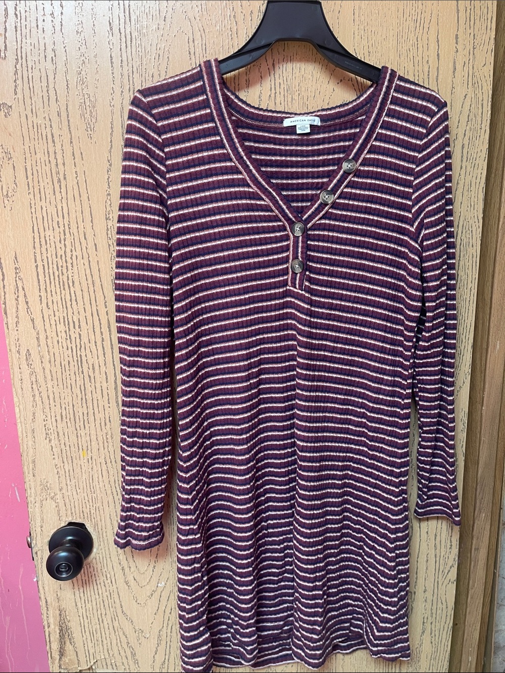American Eagle Burgundy, Navy & Cream Striped Ribbed Henley